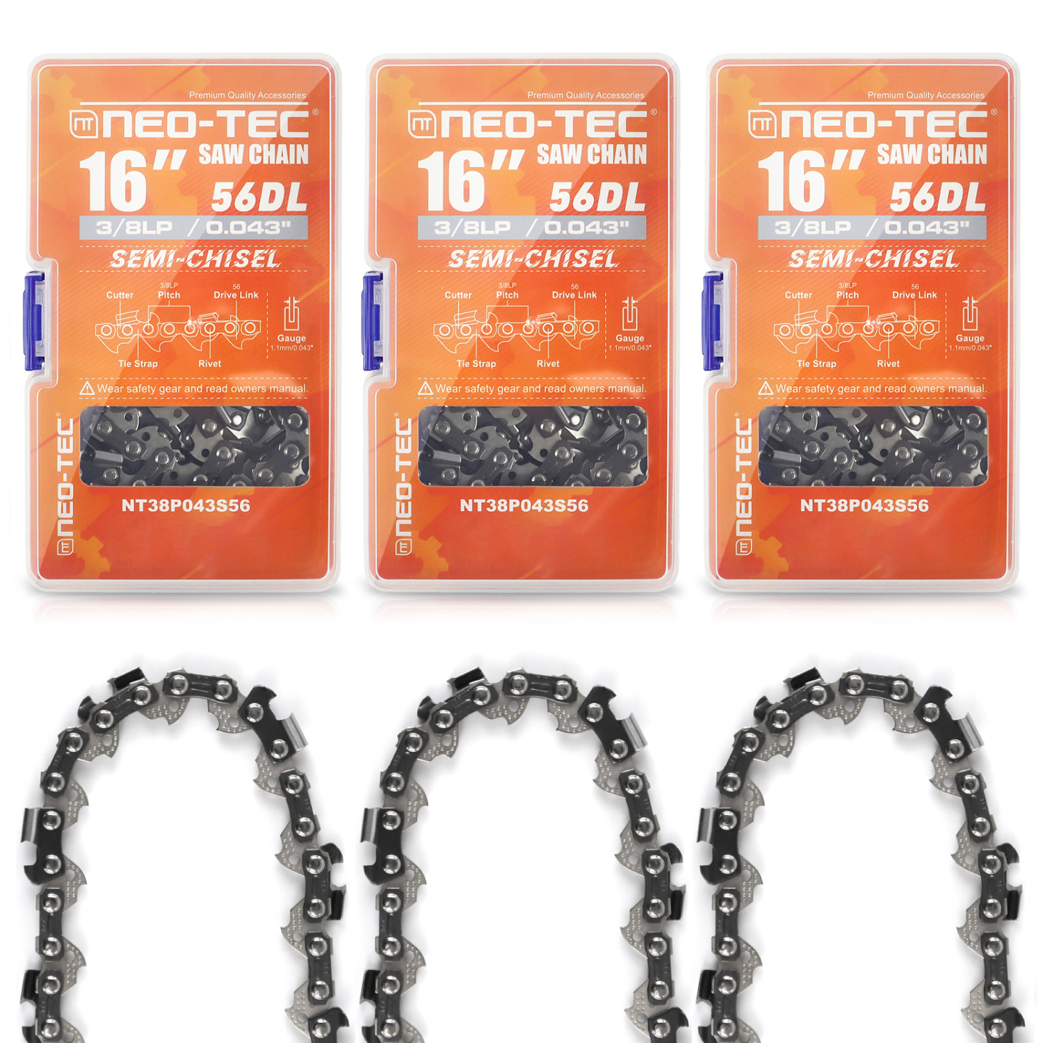 3 Packs 16 Inch Chainsaw Chain Semi Chisel 3/8LP Pitch 0.043