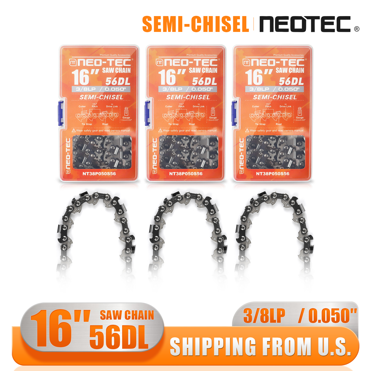 3 Packs 16 Inch Chainsaw Chain Semi Chisel 3/8LP Pitch 0.050'' Gauge 56