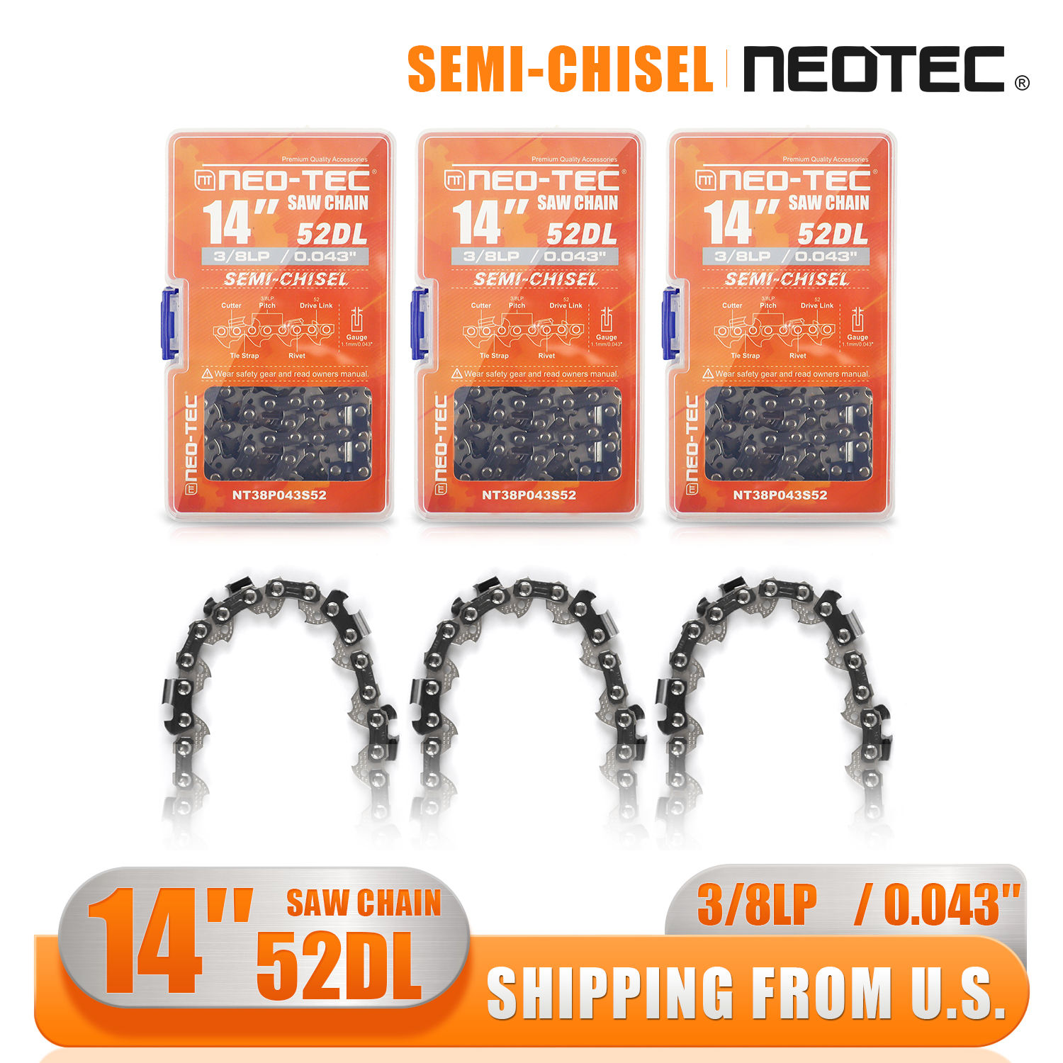 3 Packs 14 Inch Chainsaw Chain Semi Chisel 3/8LP Pitch 0.043'' Gauge 52