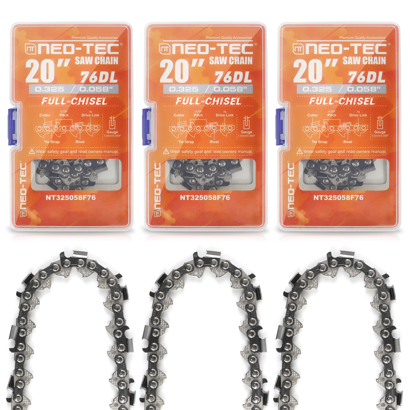 3 Packs 20 Inch Chainsaw Chain Full Chisel 0.325 Pitch 0.058'' Gauge 76 Drive Link Fit Stihl