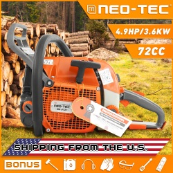 U.S. STOCK NEOTEC NS872i 72cc 25/28 Inch bar and Chain Gas Chainsaw High-End Version with NGK spark plug, High performance carburetor, Italian ignition coil, fit for 24  bar, 28  bar, Power Chain Saw, Petrol Chainsaws