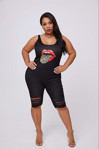 Lips Printed Sleeveless Hole Skinny Rompers RS-759
