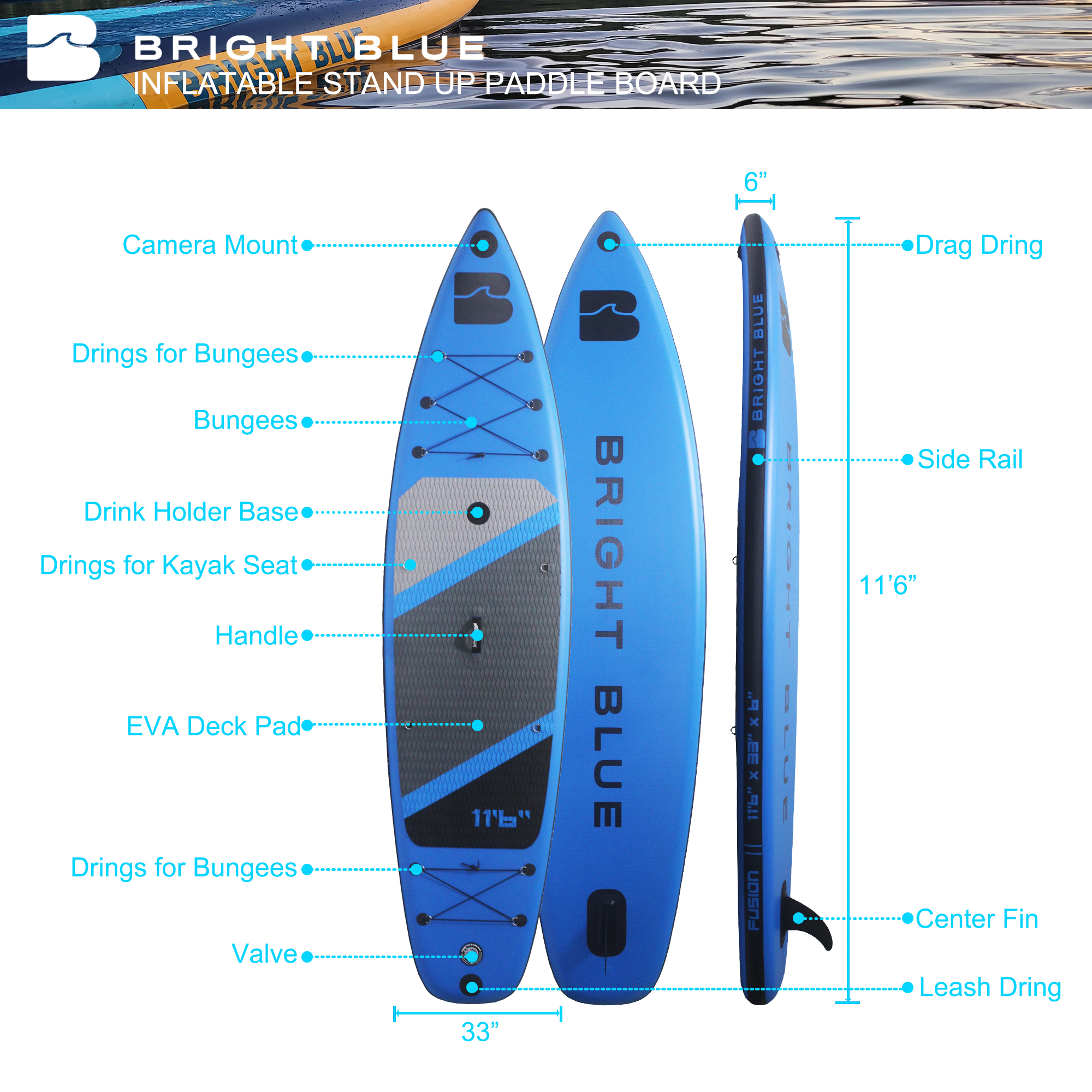 with Pump 6 Thick Paddle BRIGHT BLUE 116 Inflatable Stand Up Paddle Board Fin