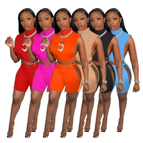 New summer high neck tank top and shorts set sexy hollow-out nightclub outfit W82991010