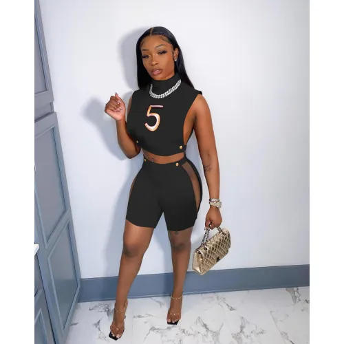 New summer high neck tank top and shorts set sexy hollow-out nightclub outfit W82991010