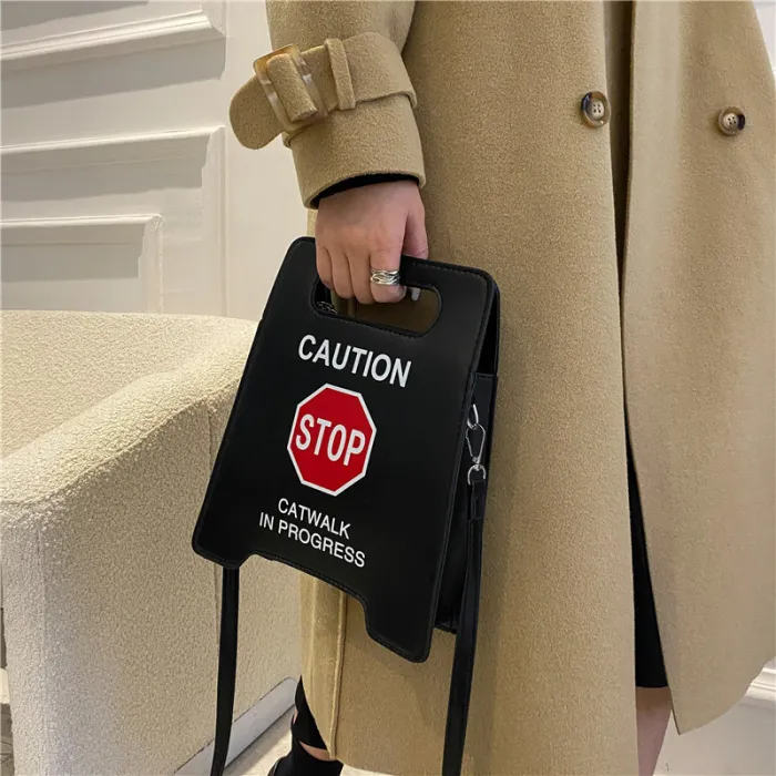 new fashion creative spoof personality parking sign forbidden to drive female tide pu bag bags handbags