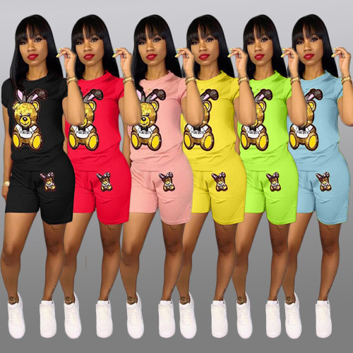 Fashion cartoon picture short sleeve shorts set Two-piece Q5090101