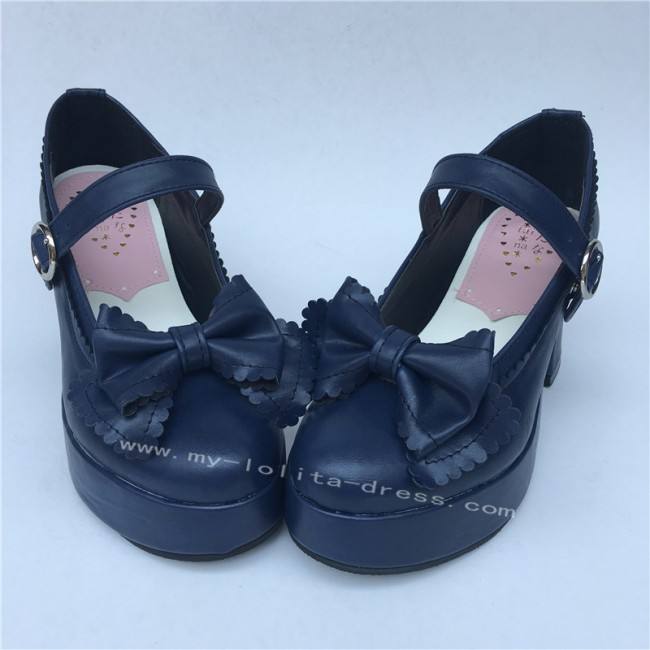 Navy Single Strap Bows Lolita Heels Tea Party Shoes