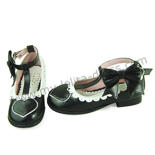 White Black Heart Side Bow Lolita Shoes