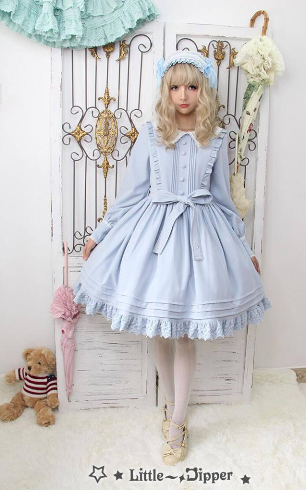 Little Dipper  ~Cat + Moon + Stars~ Embroidery Lolita Long Sleeves OP Dress - In Stock