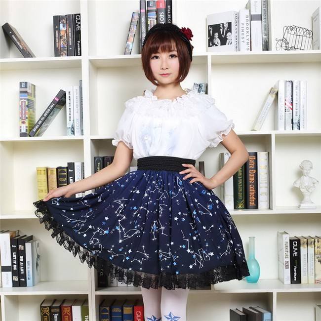 Sweet Dark Blue Constellation Printed Lolita Pleated Skirt