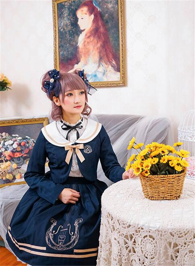 Magic Music School~ College Style Bass Embroidery Lolita Coat + Skirt Set