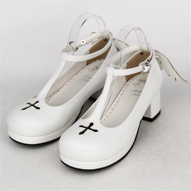 Angelic Imprint- Sweet T-shaped Straps Lolita Square Heel Shoes with Detachable Angel Wings