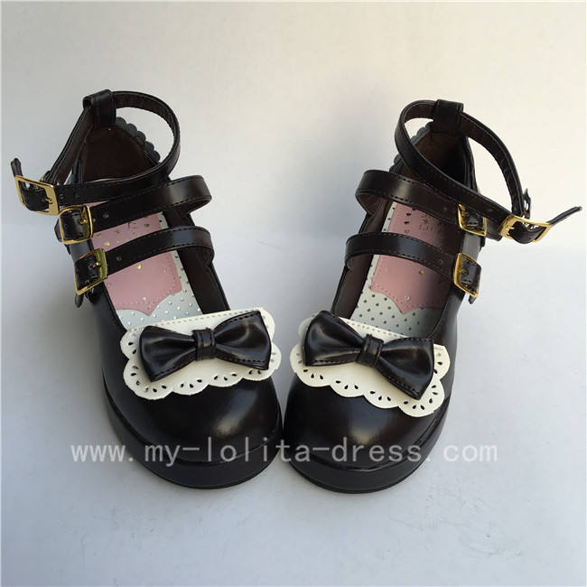 Sweet Coffee with White Bow Straps Lolita Heel Shoes