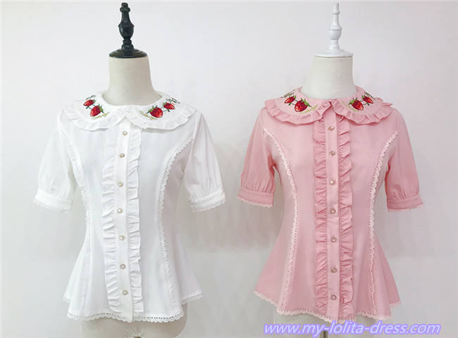 A Small Strawberry~Embroidered Short Sleeves Lolita Blouse -Ready made