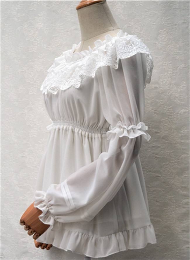 Sweet Lace Chiffon Long Sleeves Round Collar Lolita Blouse White Average