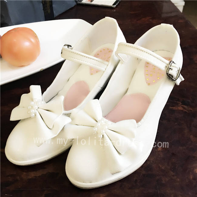 Elegant White Bow Pearls Lolita Heels Shoes