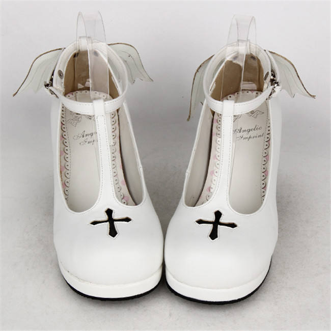 Angelic Imprint- Sweet T-shaped Straps Lolita Square Heel Shoes with Detachable Angel Wings