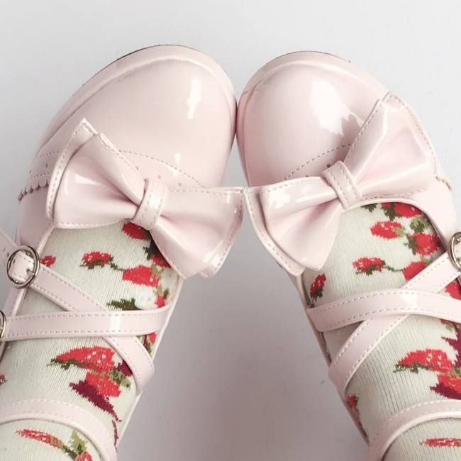 Black Bows Crossed Straps Matte Lolita Shoes Classic