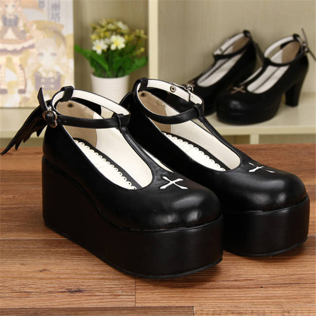 Angelic Imprint- Sweet T-shaped Straps Lolita High Platform Shoes with Detachable Angel Wings