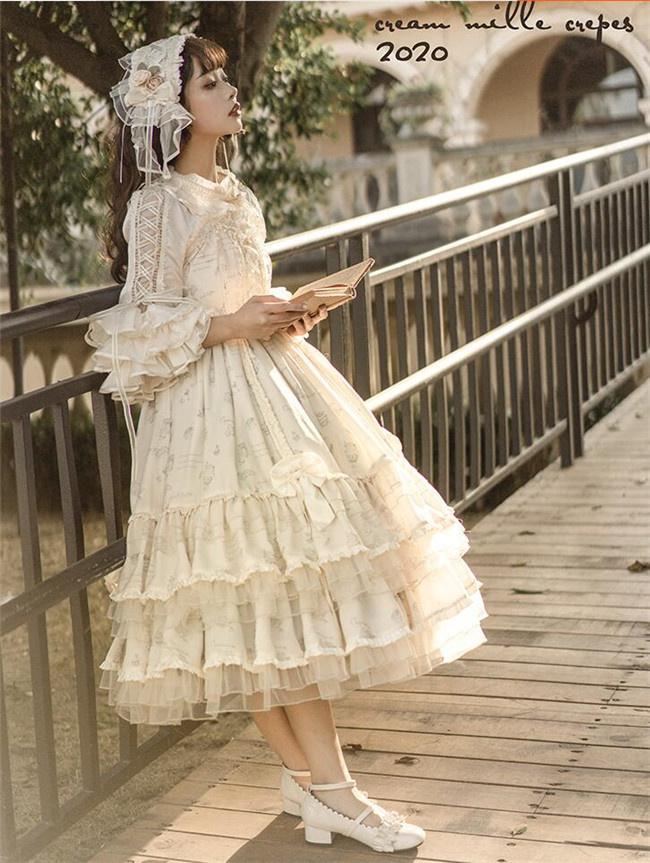 Cream Mille Crepes Vintage Lolita JSK(Short/Long Version