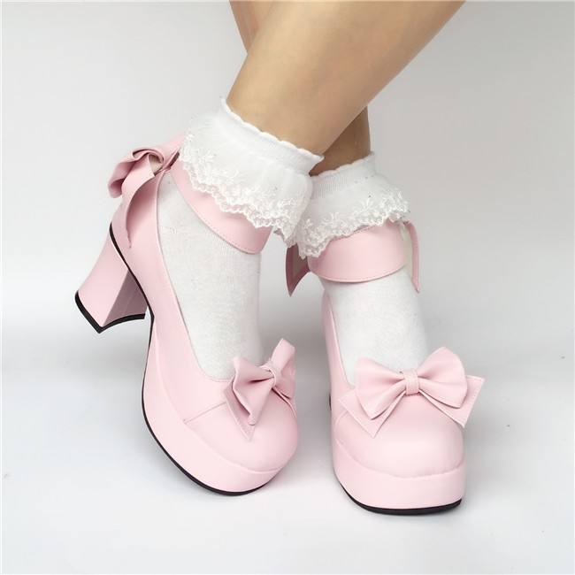 Pink Bows Wide Strap Lolita Shoes