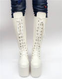 Beautiful White Matte Lace-up Knee Lolita High Boots