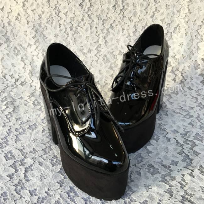 Glossy Black Lolita Square Heels High Platform