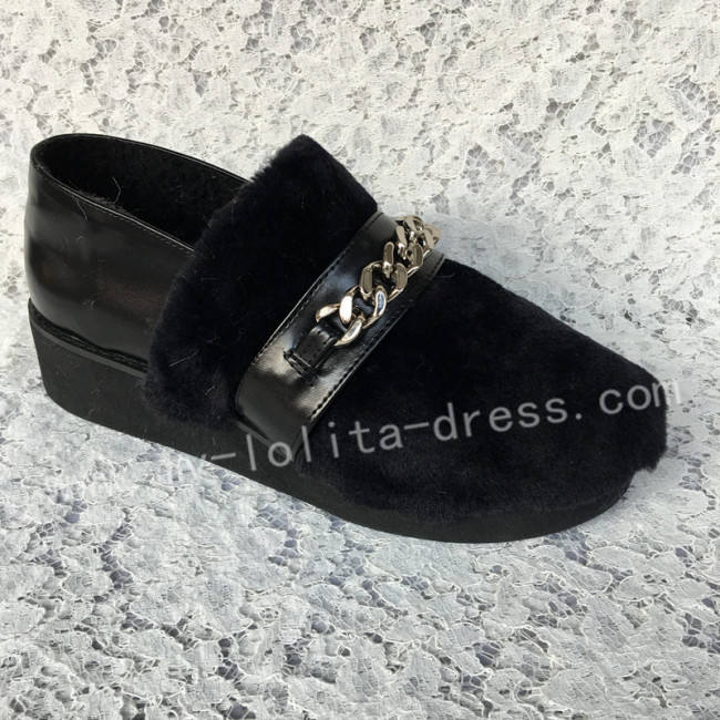 Sweet Matte Black Imitate Furs Lolita Shoes
