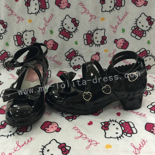 Sweet Glossy Black Lolita Heels Shoes with Bowknots