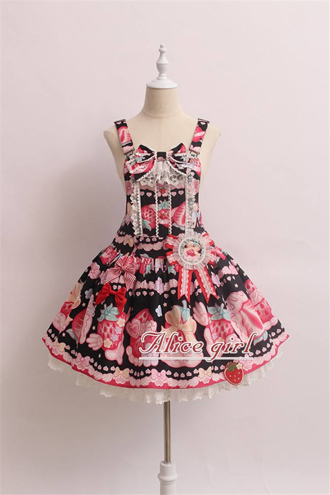 Alice Girl ~Strawberry With Cream~ Sweet Lolita Salopette + Badage -Pre-order