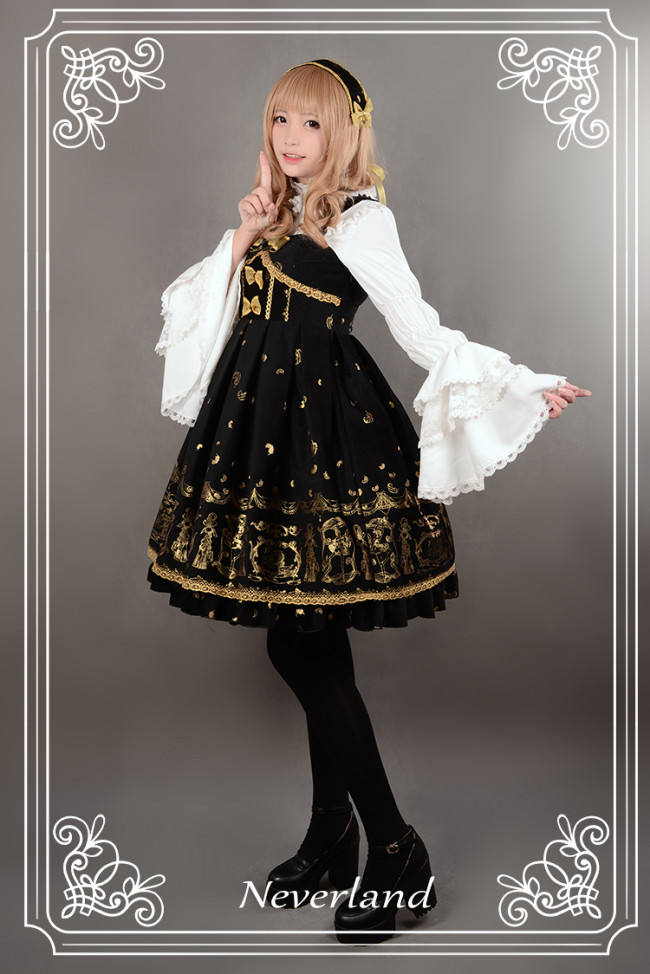 Neverland Lolita ~Golden Swan Lake~ Gold Stamping Thick Lolita JSK Black M - In Stock