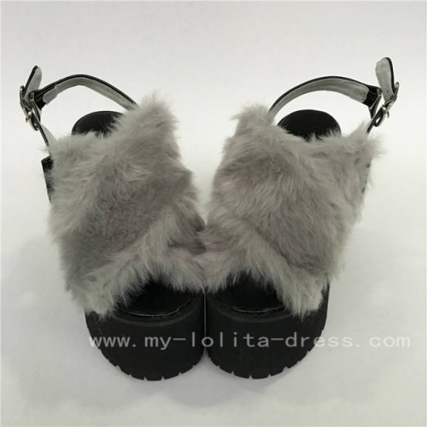 Black High Platform Lolita Shoes with Grey Imitate Bunny Furs O