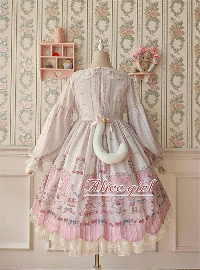 Alice Girl ~The Kitty's Tea Party Sweet Lolita OP/Salopette -Pre-order Pink Size S - In Stock