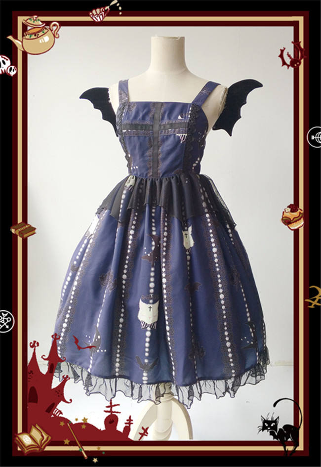 The Cat Cross~ Halloween Lolita JSK Dress + Headbow Navy Blue Size M - In Stock