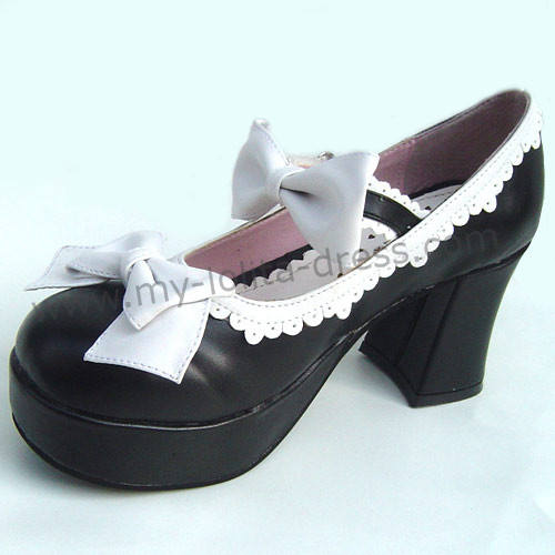 Black White Two Bows Lolita Shoes