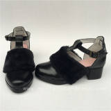Elegant Black Matte Square Heels Lolita Heels Shoes with Furs O