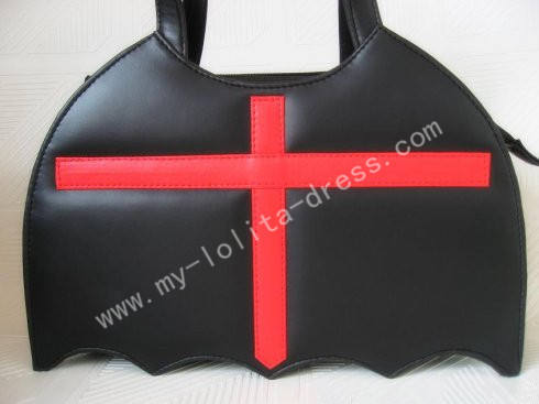 Bat Shape Black Lolita HandBag Black with Red Cross - In Stock