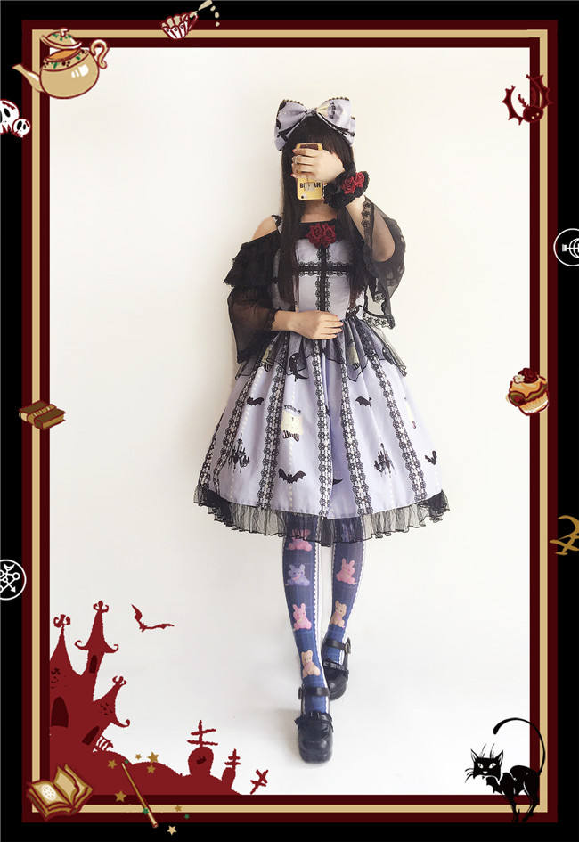 The Cat Cross~ Halloween Lolita JSK Dress + Headbow Navy Blue Size M - In Stock