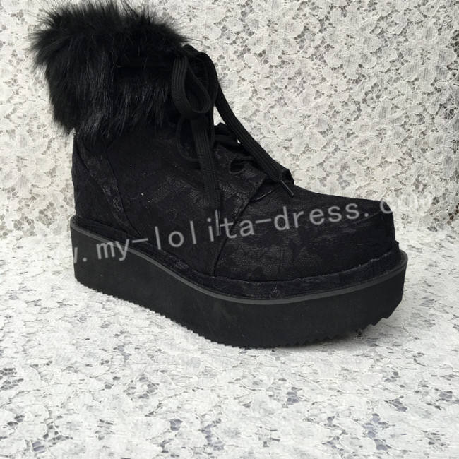 Gothic Black Velvet Lolita Short Boots with Lace and Furs