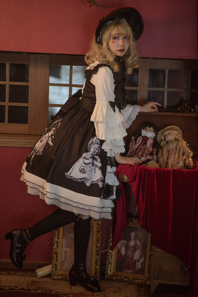 Antique Paper Doll~ Black Lolita JSK Dress -Ready Made