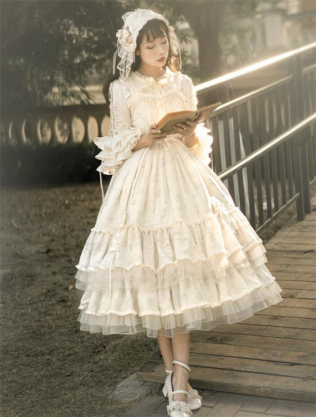 Cream Mille Crepes Vintage Lolita JSK(Short/Long Version
