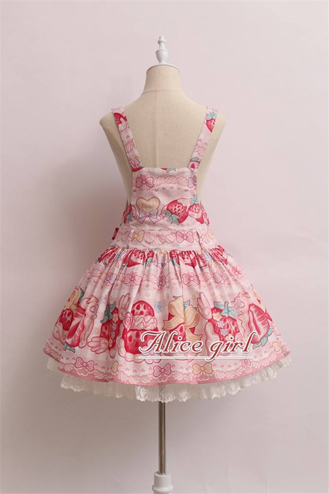 Alice Girl ~Strawberry With Cream~ Sweet Lolita Salopette + Badage -Pre-order