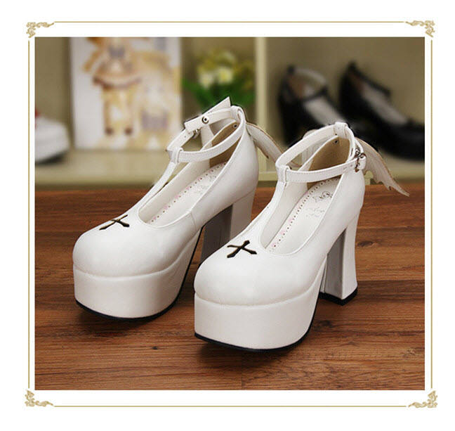 Angelic Imprint- Sweet T-shaped Straps Lolita Square Heel Shoes with Detachable Angel Wings