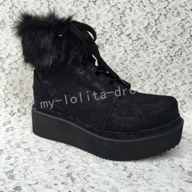 Gothic Black Velvet Lolita Short Boots with Lace and Furs