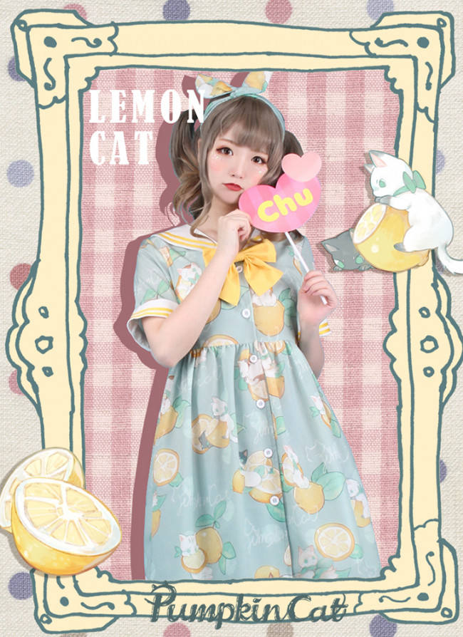 Lemon Cat~ Sweet Lolita Short Sleeves OP -out