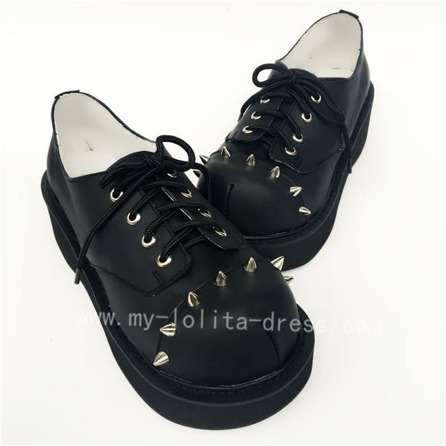 High Platform Black Real Leather Rivets Punk Lolita Shoes