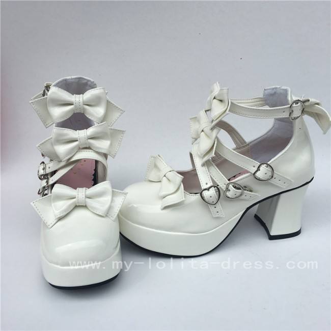 Sweet White Glossy Bows Straps Lolita Shoes