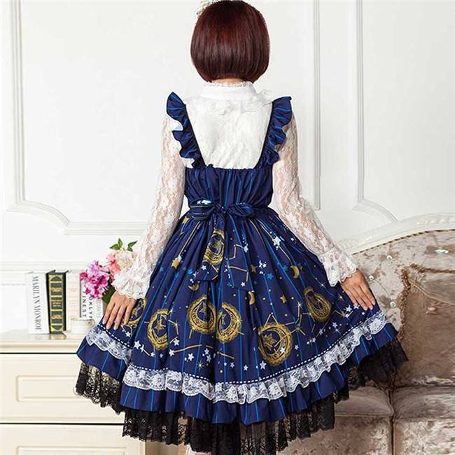 Vintage Dark Blue Stars & Moons Printed Lolita JSK