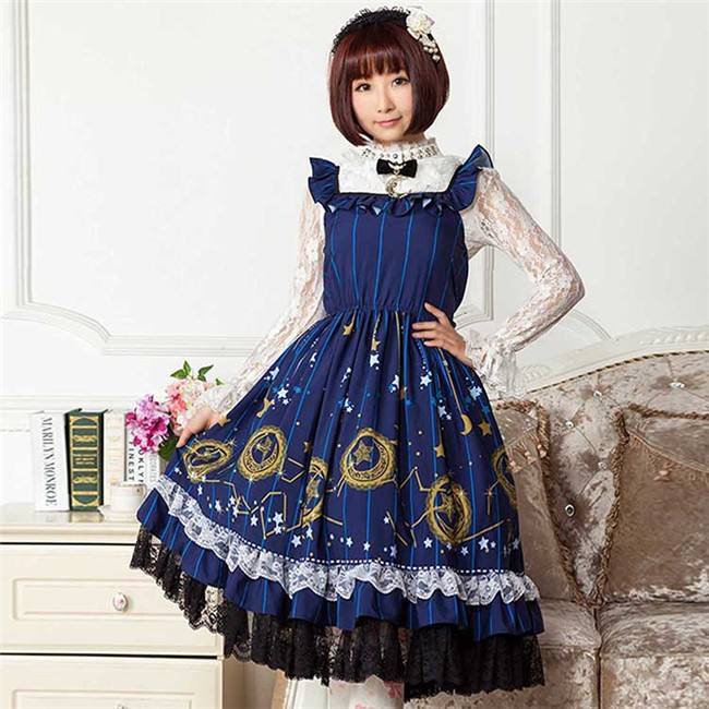 Vintage Dark Blue Stars & Moons Printed Lolita JSK